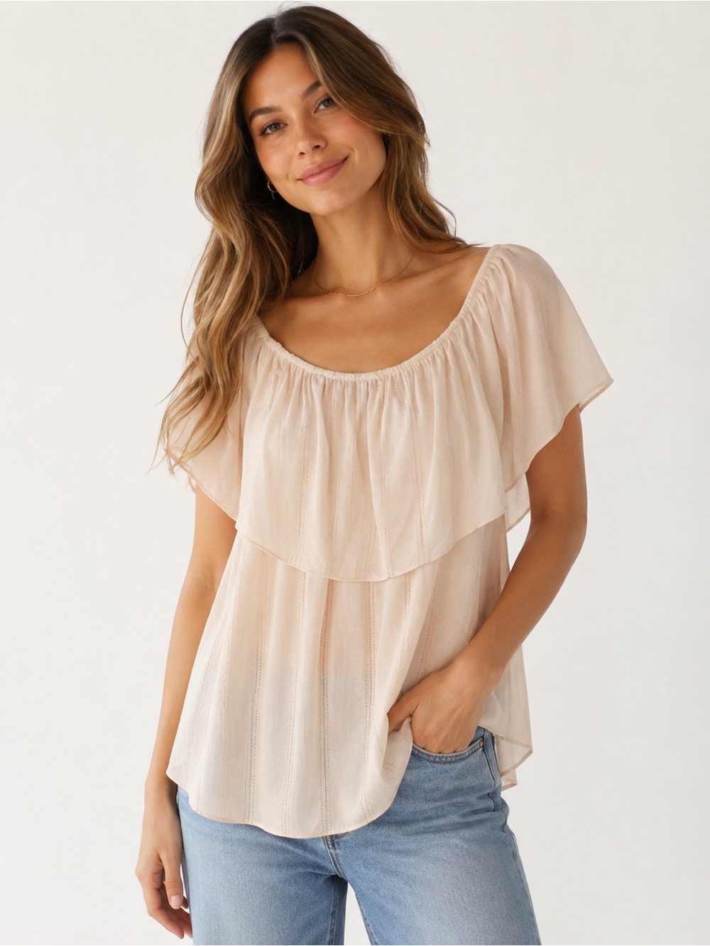 White House Black Market Blush Pink Off-Shoulder Ruffle Top